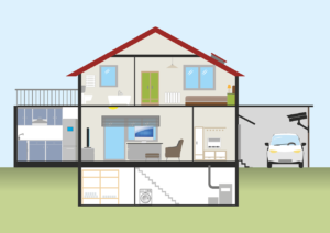 Grafika prezentująca pomieszczenia domowe